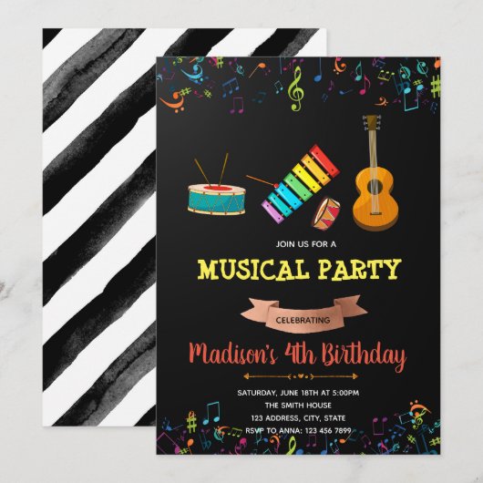 Uitnodiging voor verjaardag van muziekfeest (Voorkant / Achterkant)