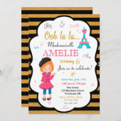 Uitnodiging voor verjaardag van Parijs Meisje Eiff (Voorkant / Achterkant)