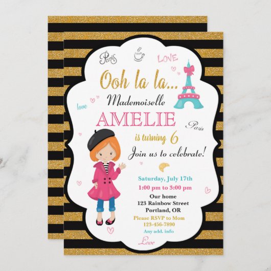 Uitnodiging voor verjaardag van Parijs Meisje Eiff (Voorkant / Achterkant)
