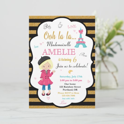 Uitnodiging voor verjaardag van Parijs Meisje Eiff (Staand voorkant)