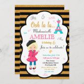 Uitnodiging voor verjaardag van Parijs Meisje Eiff (Voorkant / Achterkant)