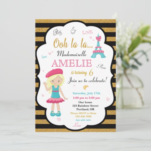 Uitnodiging voor verjaardag van Parijs Meisje Eiff (Staand voorkant)
