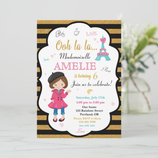Uitnodiging voor verjaardag van Parijs Meisje Eiff (Staand voorkant)