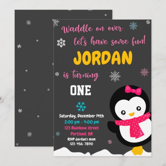 Uitnodiging voor verjaardag van Penguin (Voorkant / Achterkant)