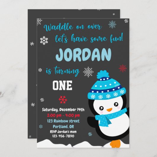 Uitnodiging voor verjaardag van Penguin (Voorkant / Achterkant)