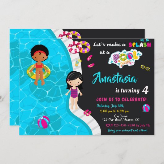 Uitnodiging voor verjaardag van poolpartij (Voorkant / Achterkant)