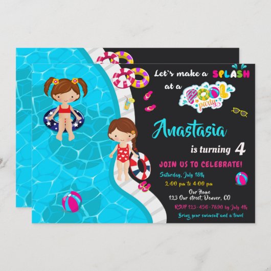 Uitnodiging voor verjaardag van poolpartij (Voorkant / Achterkant)