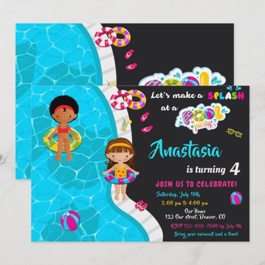 Uitnodiging voor verjaardag van poolpartij (Voorkant / Achterkant)