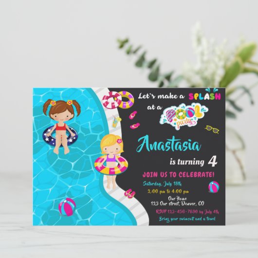 Uitnodiging voor verjaardag van poolpartij (Staand voorkant)