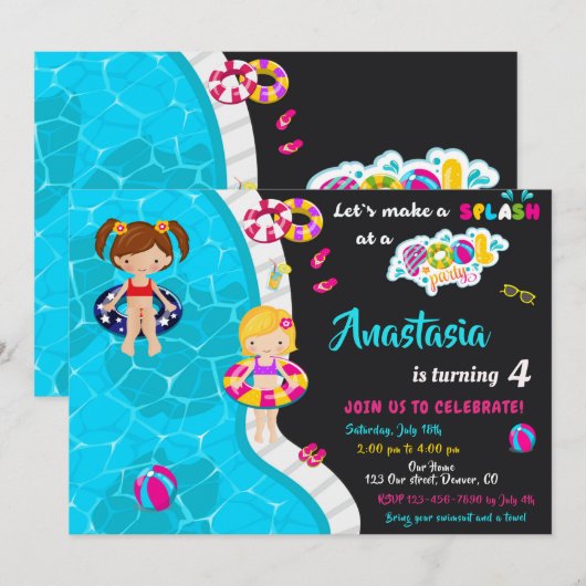 Uitnodiging voor verjaardag van poolpartij (Voorkant / Achterkant)