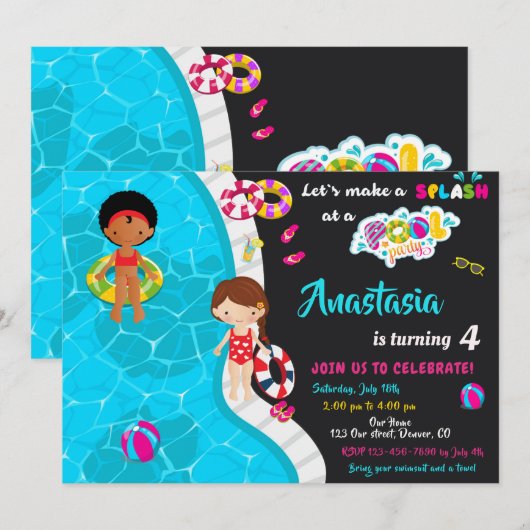 Uitnodiging voor verjaardag van poolpartij (Voorkant / Achterkant)