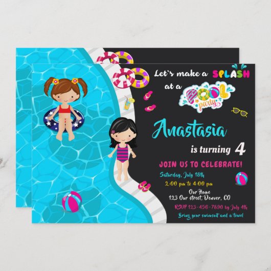 Uitnodiging voor verjaardag van poolpartij (Voorkant / Achterkant)