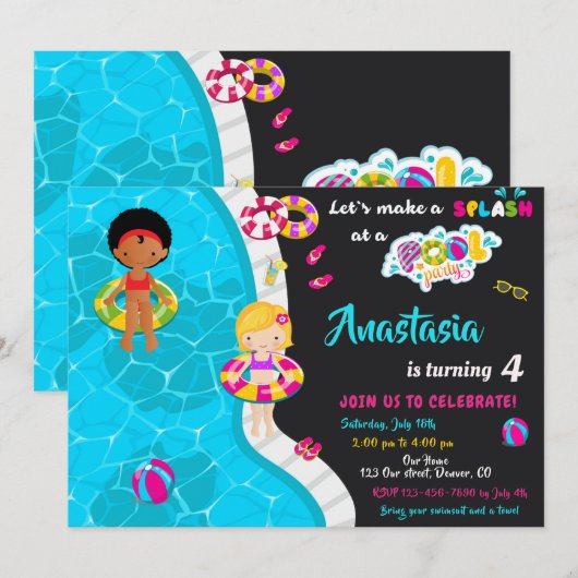 Uitnodiging voor verjaardag van poolpartij (Voorkant / Achterkant)