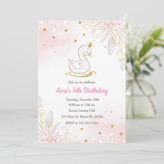 Uitnodiging voor verjaardag van prinses zwaan roze (Staand voorkant)