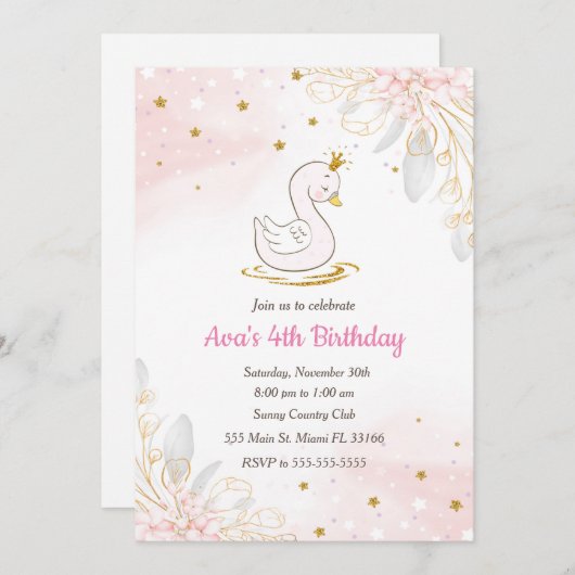 Uitnodiging voor verjaardag van prinses zwaan roze (Voorkant / Achterkant)