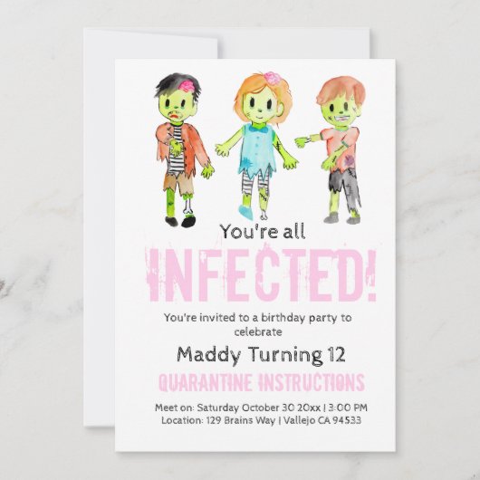 Uitnodiging voor verjaardag van roze Halloween zom (Voorkant)