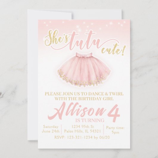 Uitnodiging voor verjaardag van roze tutu Ballerin (Voorkant)