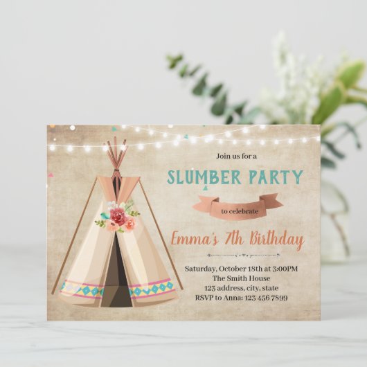 Uitnodiging voor verjaardag van theepee slumber (Staand voorkant)