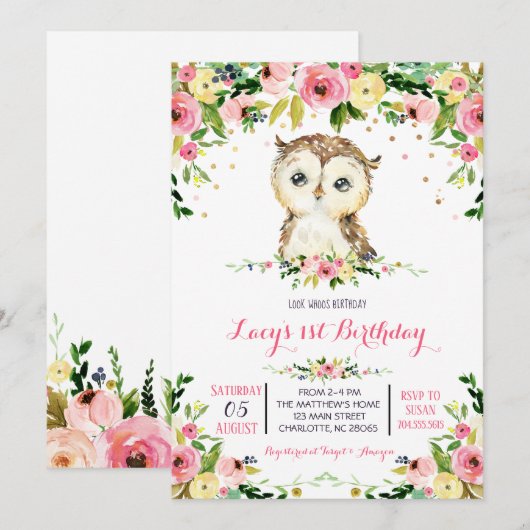 uitnodiging voor verjaardag van uil (Voorkant / Achterkant)