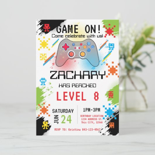 Uitnodiging voor verjaardag van videogame (Staand voorkant)
