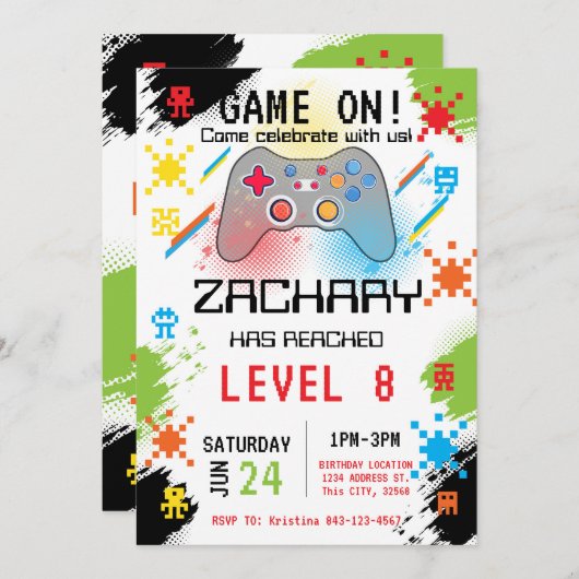 Uitnodiging voor verjaardag van videogame (Voorkant / Achterkant)