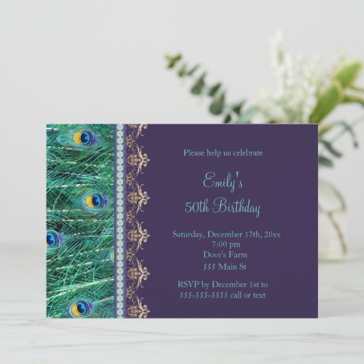 Uitnodiging voor verjaardag van volwassene pauw pa (Staand voorkant)