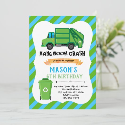 Uitnodiging voor verjaardag van vuilnisvrachtwagen (Staand voorkant)