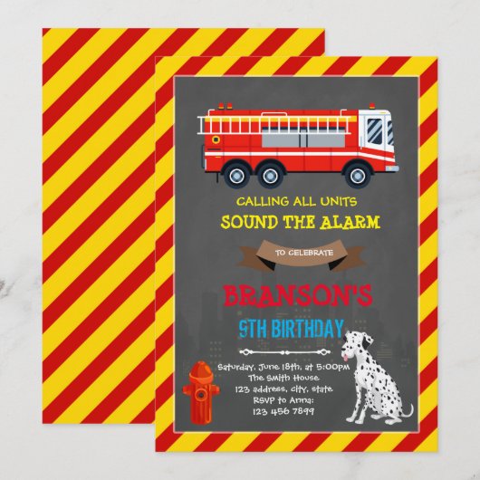 Uitnodiging voor verjaardag van vuurvrachtwagen en (Voorkant / Achterkant)
