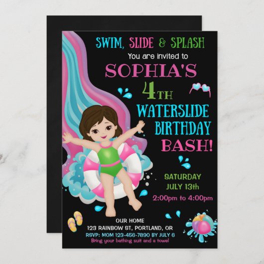 Uitnodiging voor verjaardag van Waterslide (Voorkant / Achterkant)
