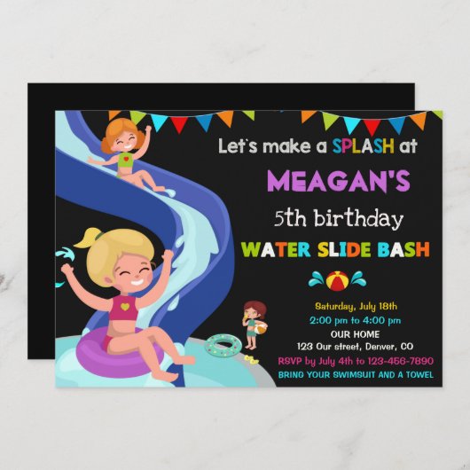 Uitnodiging voor verjaardag van Waterslide (Voorkant / Achterkant)