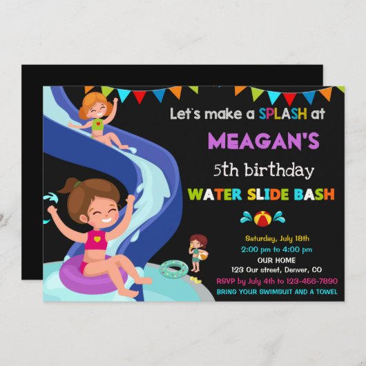 Uitnodiging voor verjaardag van Waterslide (Voorkant / Achterkant)