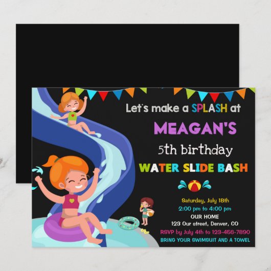 Uitnodiging voor verjaardag van Waterslide (Voorkant / Achterkant)