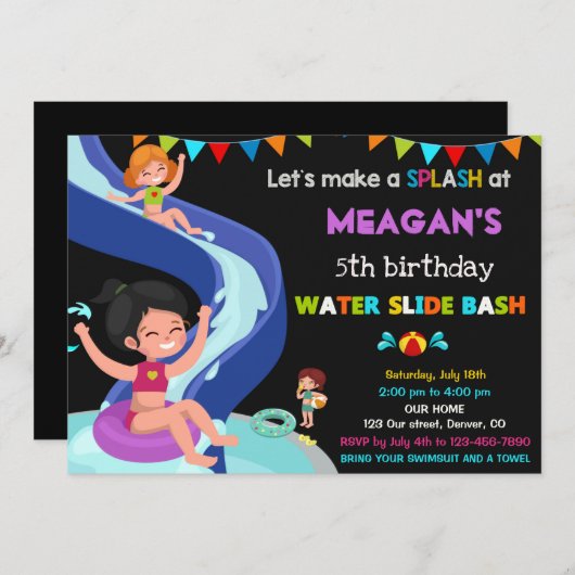 Uitnodiging voor verjaardag van Waterslide (Voorkant / Achterkant)