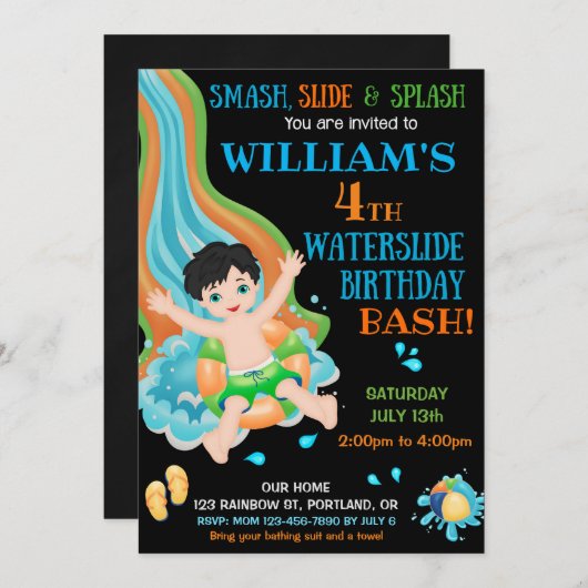 Uitnodiging voor verjaardag van Waterslide (Voorkant / Achterkant)