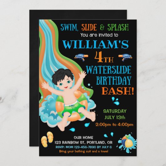 Uitnodiging voor verjaardag van Waterslide (Voorkant / Achterkant)