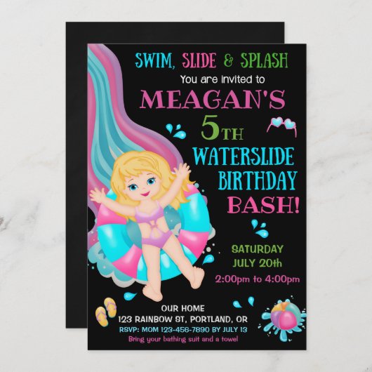Uitnodiging voor verjaardag van Waterslide Meisjes (Voorkant / Achterkant)