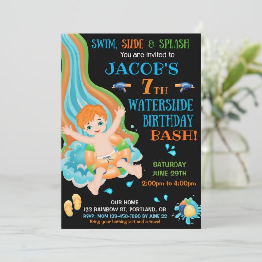 Uitnodiging voor verjaardag van Waterslide Splish (Staand voorkant)