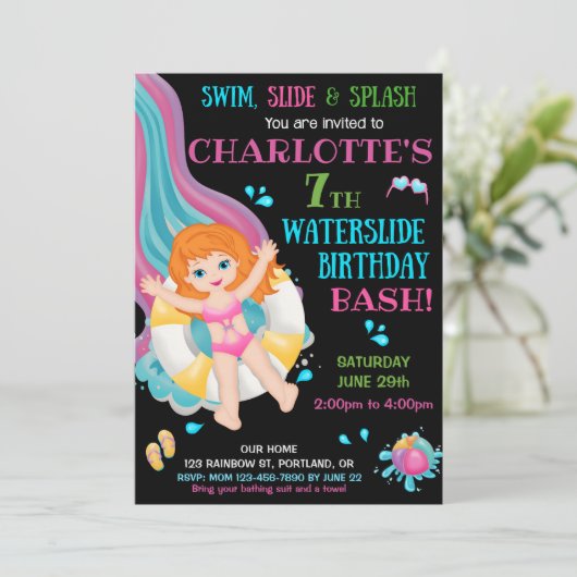 Uitnodiging voor verjaardag van Waterslide Splish (Staand voorkant)