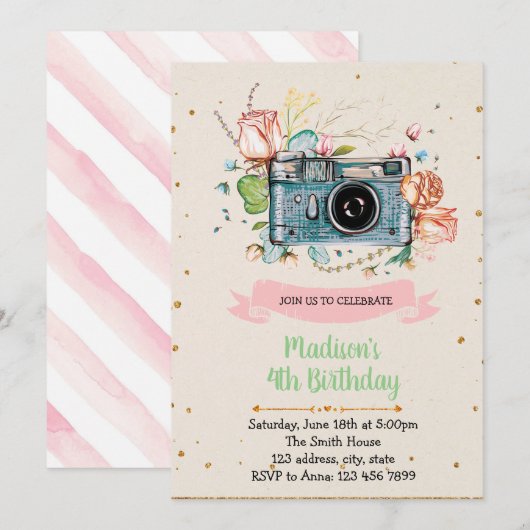 Uitnodiging voor verjaardagscamera-meisje (Voorkant / Achterkant)