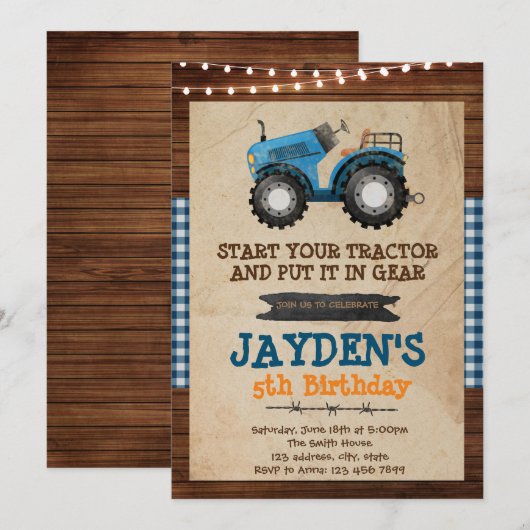 Uitnodiging voor verjaardagscournatie blauwe tract (Voorkant / Achterkant)