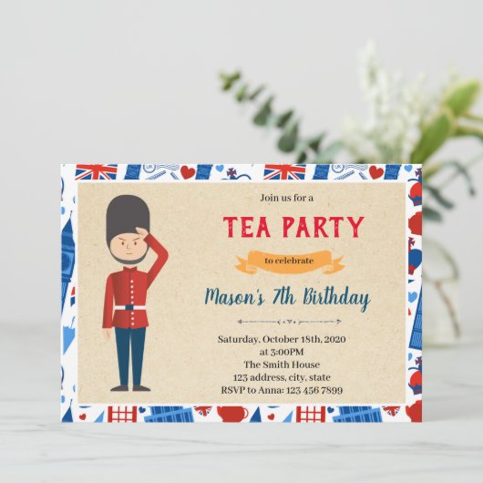 Uitnodiging voor verjaardagsdagsthema Londense kle (Staand voorkant)