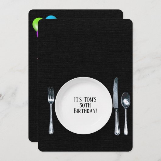 Uitnodiging voor verjaardagsdinerfeest op zwart (Voorkant / Achterkant)