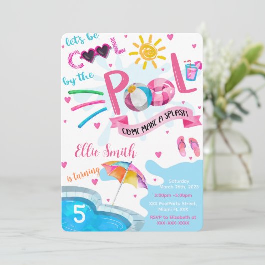 Uitnodiging voor verjaardagsfeest bij zwembad (Staand voorkant)
