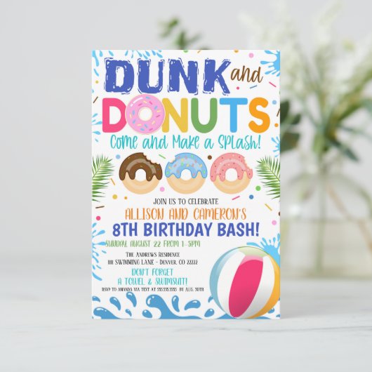 Uitnodiging voor verjaardagsfeest Dunk and Donuts (Staand voorkant)