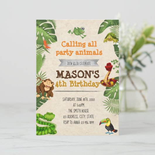 Uitnodiging voor verjaardagsfeest in regenwoud (Staand voorkant)