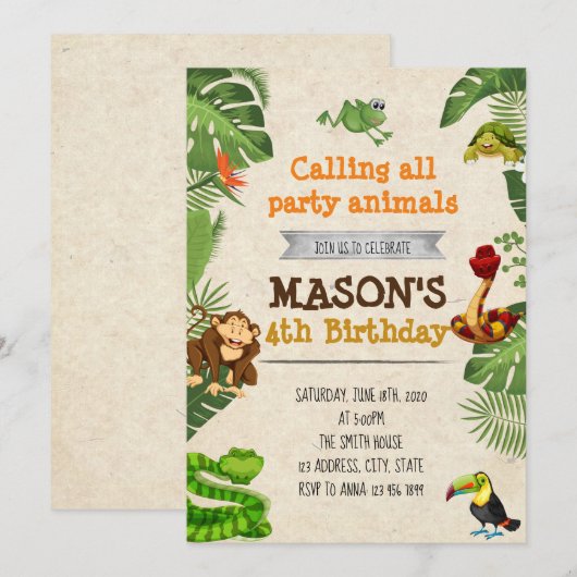 Uitnodiging voor verjaardagsfeest in regenwoud (Voorkant / Achterkant)
