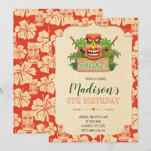 Uitnodiging voor verjaardagsfeest in Tiki (Voorkant / Achterkant)