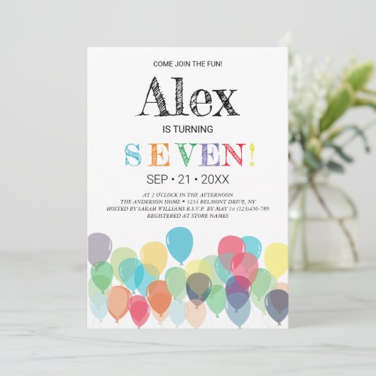 Uitnodiging voor verjaardagsfeest met ballonnen 7  (Staand voorkant)