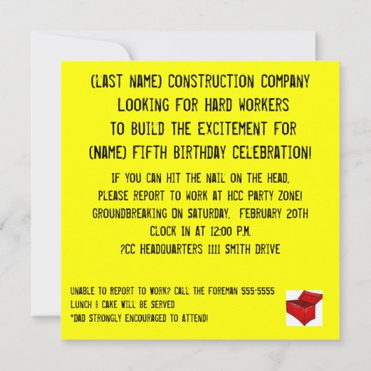 Uitnodiging voor verjaardagsfeest met bouwgereedsc (Achterkant)