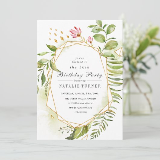 Uitnodiging voor verjaardagsfeest met groene bloem (Staand voorkant)